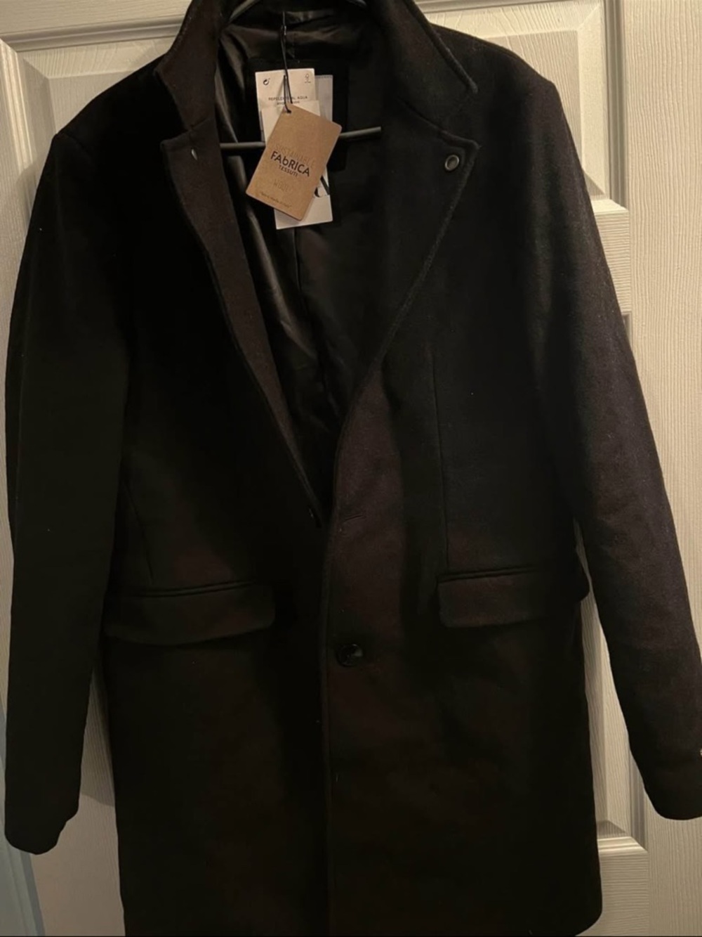 Zara Men's Black Pea Coat with Notch Lapel